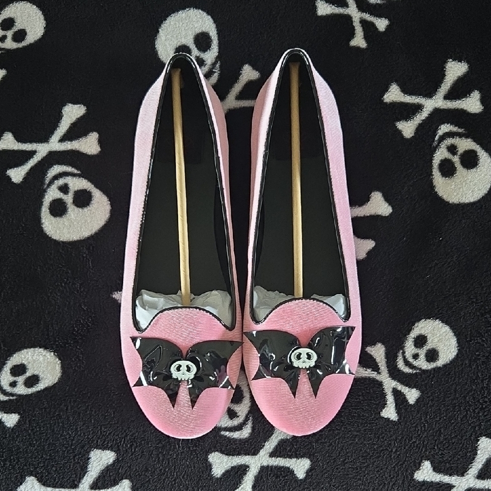 Strangecvlt Lydia Skull Bat Pink Velvet Flats 12 NIB
